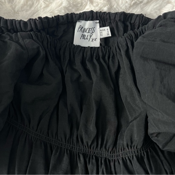 Princess Polly Halton Mini Dress Black smocked / puffed sleeves off shoulder - 4 - Picture 2 of 10